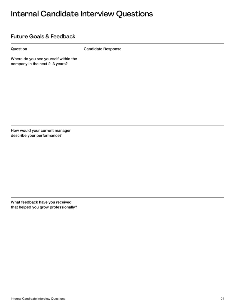 Internal Candidate Interview Questions form with interview sections, candidate and job details and structured evaluation fields