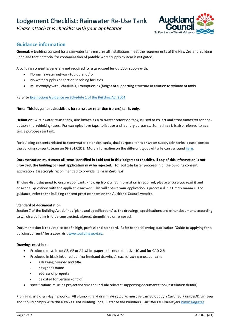 Large thumbnail of Lodgement Checklist Rainwater Re-Use Tank - Mar 2022