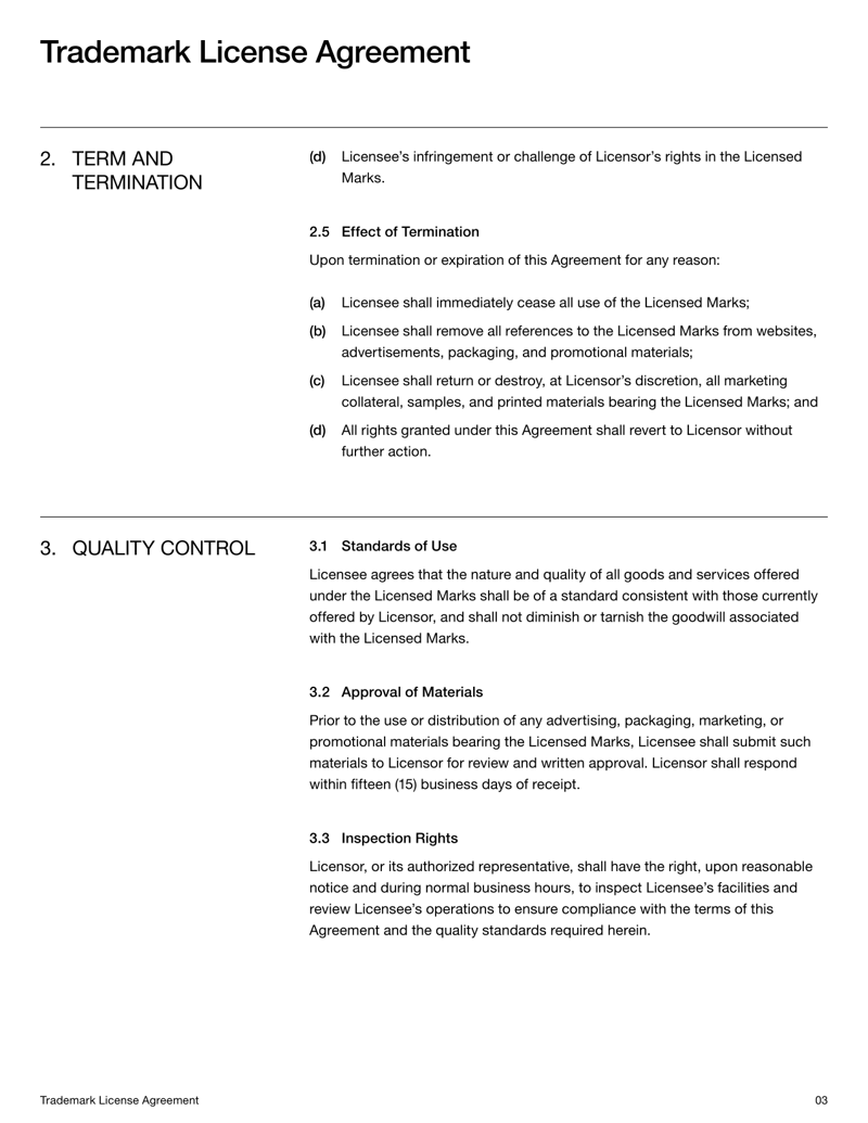 Trademark License Agreement for granting rights to use a brand name or logo under defined terms