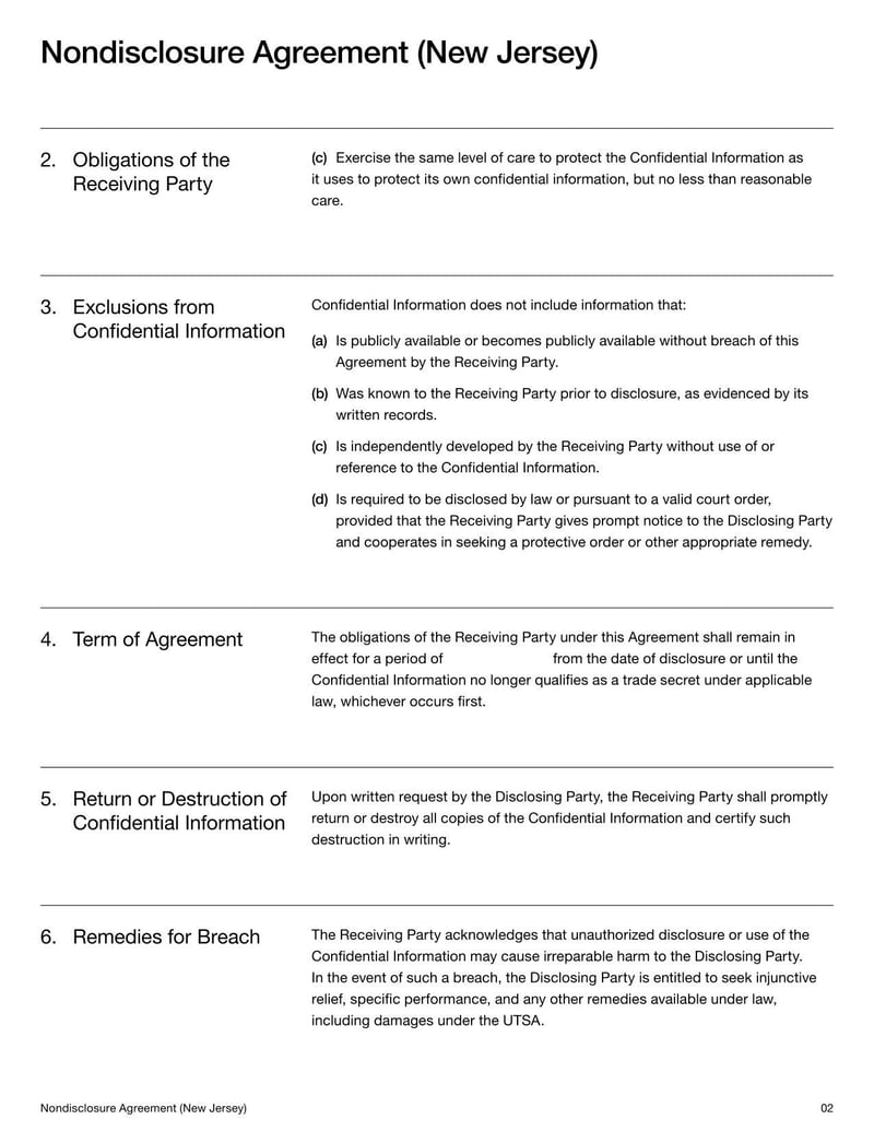 New Jersey Nondisclosure Agreement document with confidentiality and non-disclosure terms