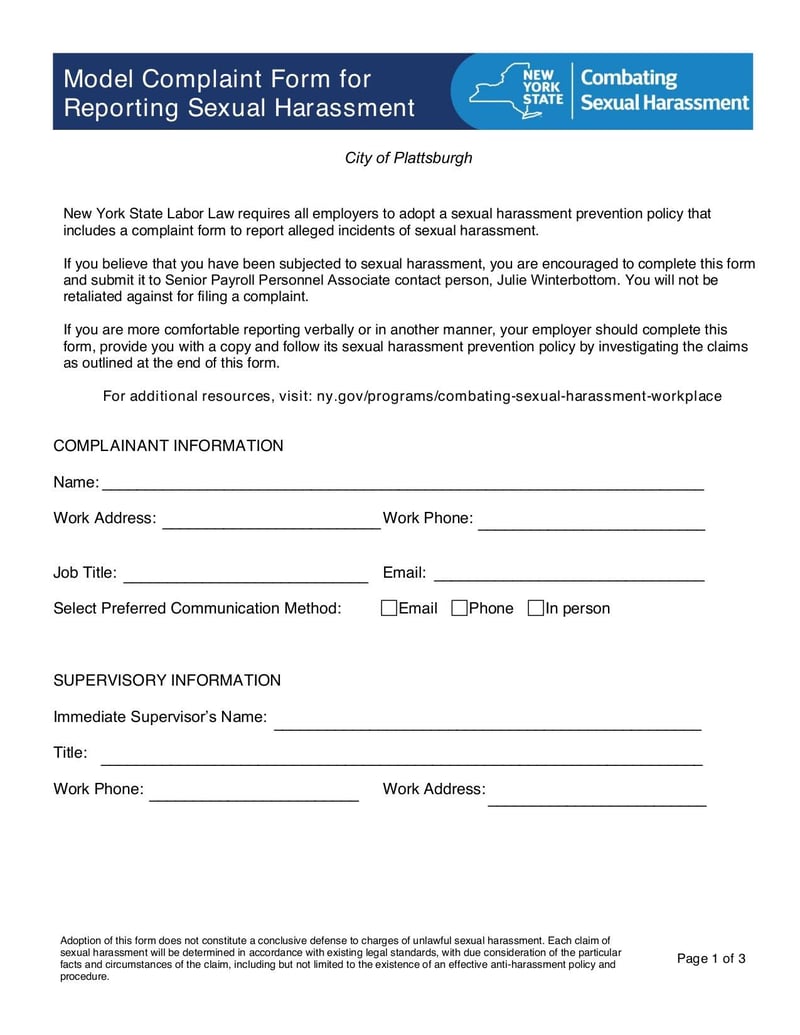 Large thumbnail of Complaint Form for Reporting Sexual Harassment - May 2019
