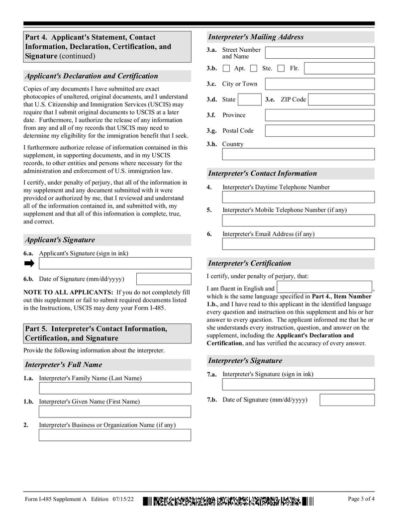 Large thumbnail of Form I-485 Supplement A - Feb 2023