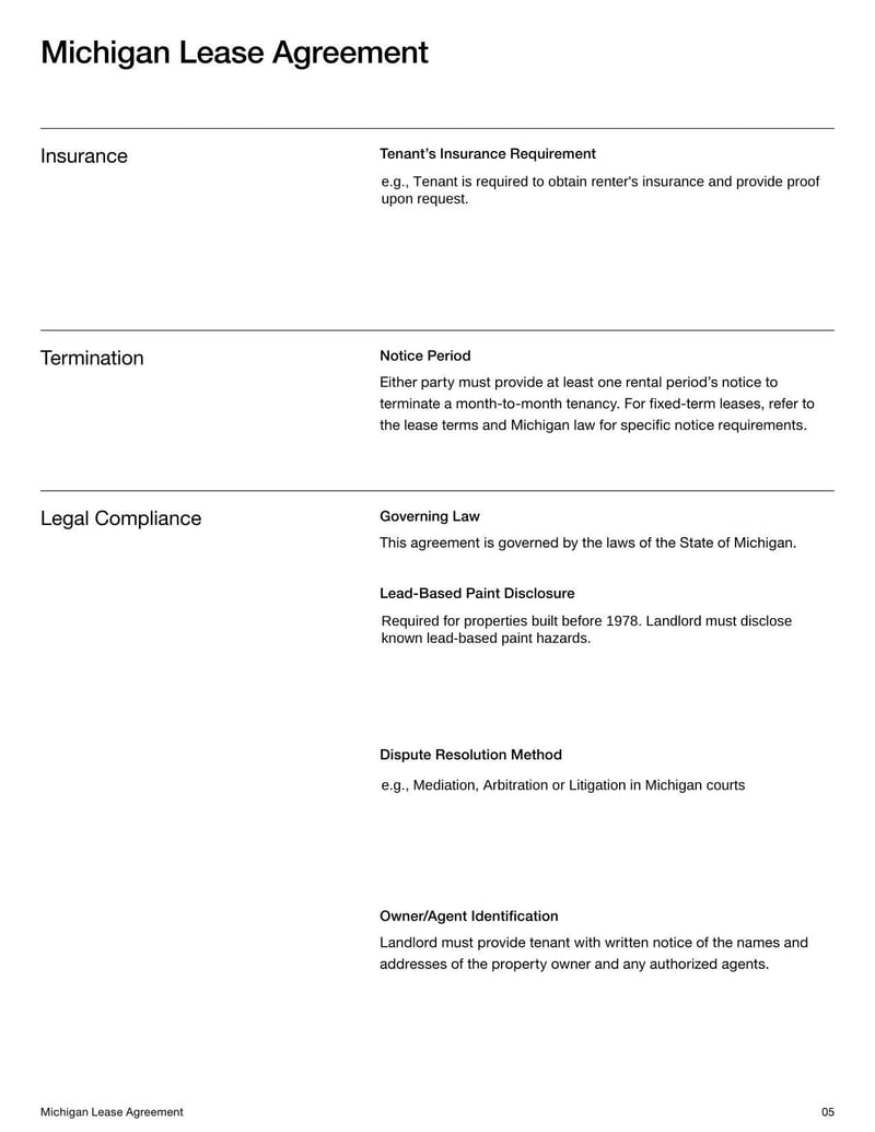 Michigan Lease Agreement for rental terms in Michigan