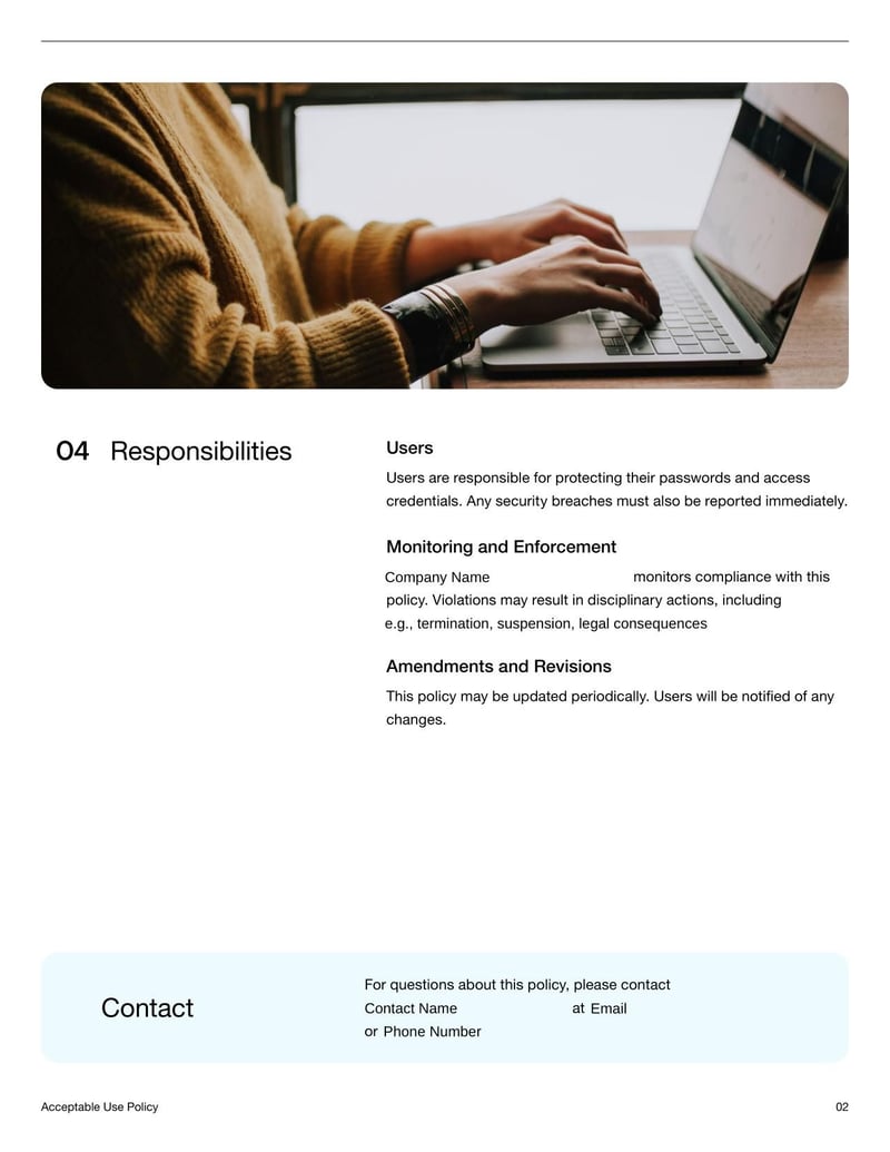 Acceptable Use Policy Document defining proper use of company technology, internet, and devices