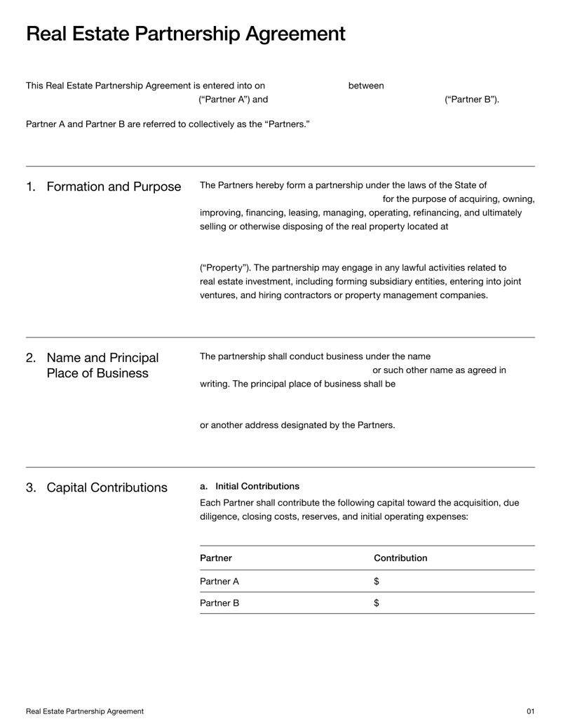 Real Estate Partnership Agreement covering contributions, ownership, management duties and partner rights