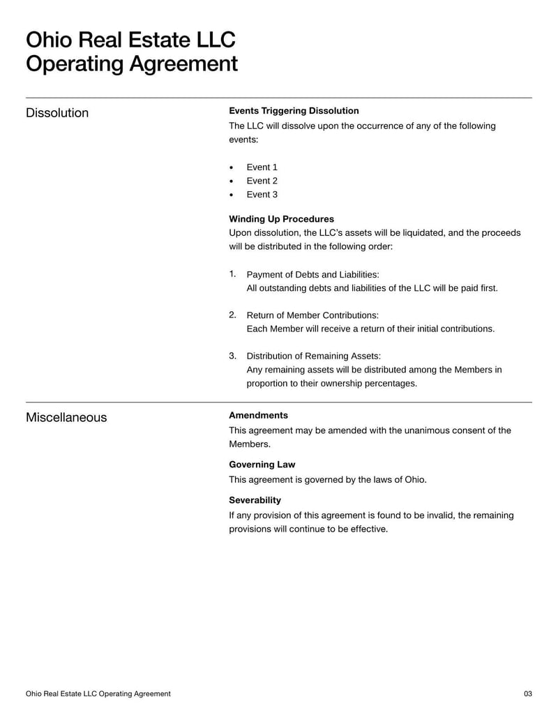 Ohio Real Estate LLC Operating Agreement detailing operations for an Ohio LLC focused on real estate