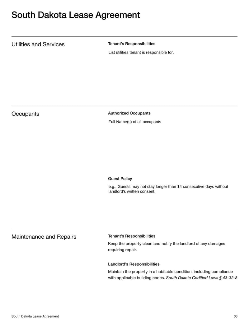 Large thumbnail of South Dakota Lease Agreement Template
