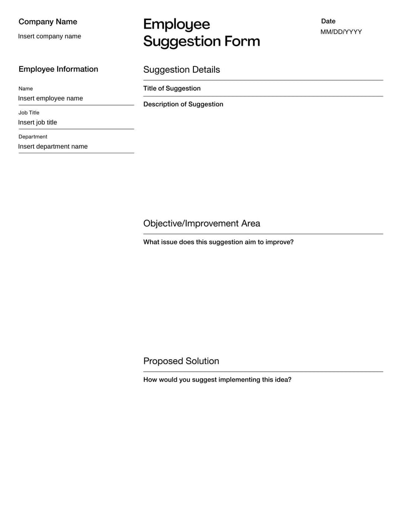 Employee Suggestion Form for submitting ideas to improve workplace processes, policies, or culture