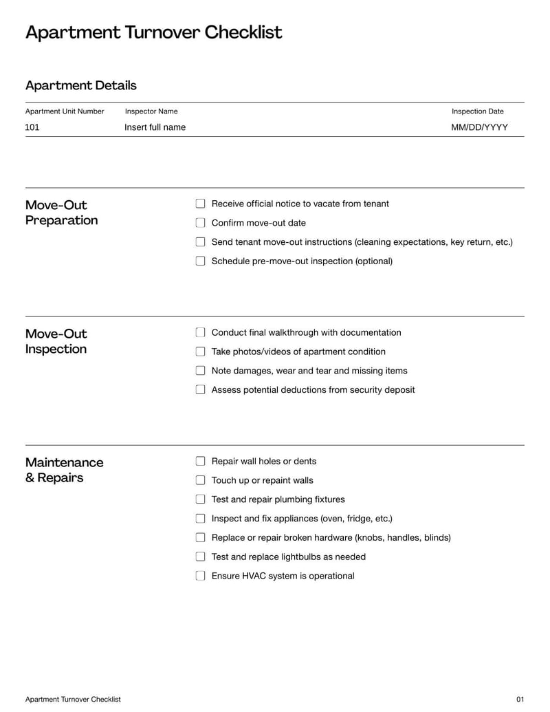 Apartment Turnover Checklist for guiding landlords through the process of preparing a unit for new tenants