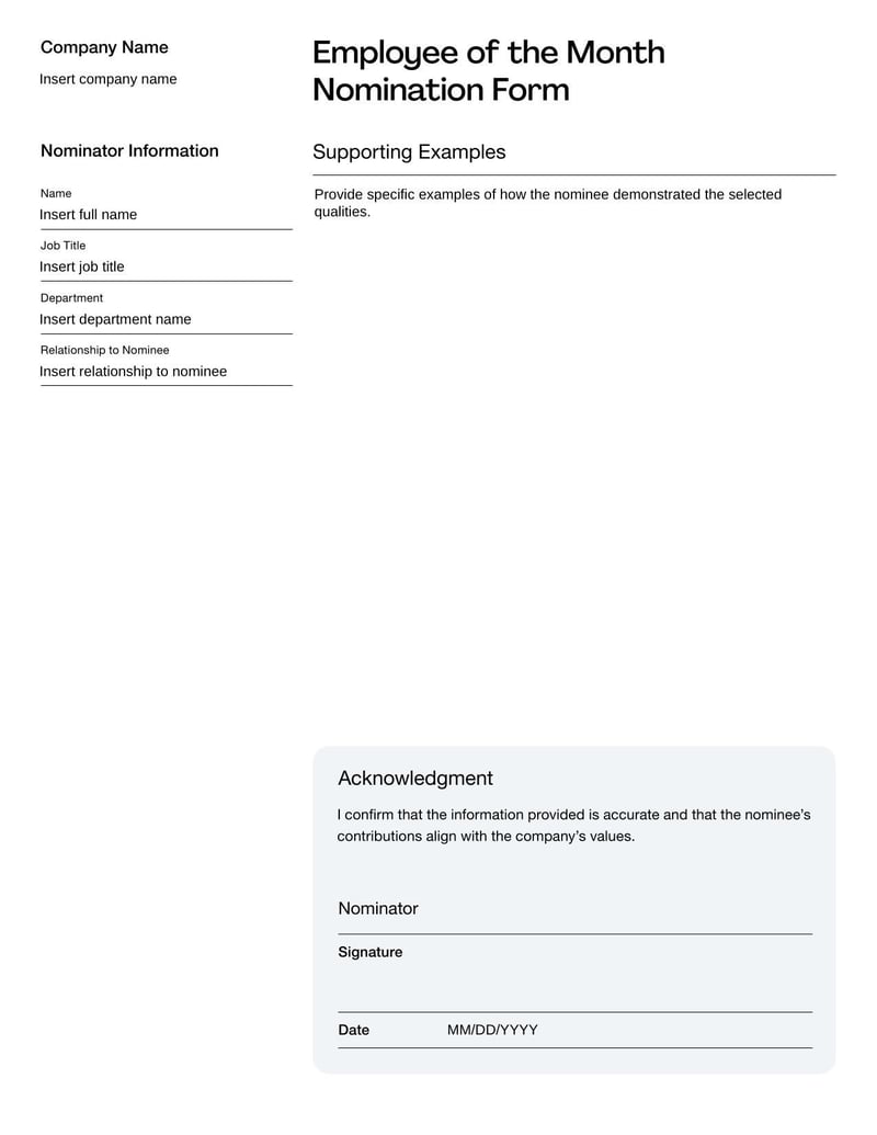 Employee of the Month Nomination Form for recognizing outstanding employees based on performance and achievements