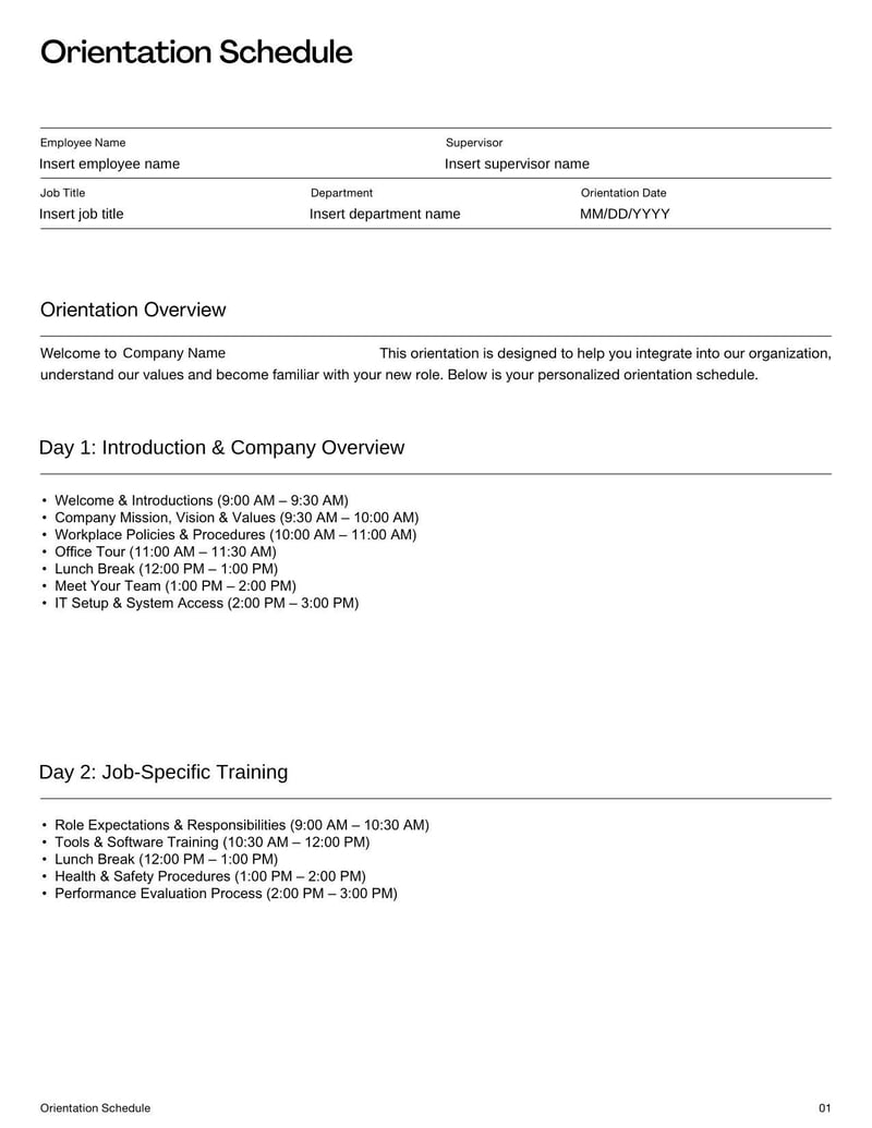Orientation Schedule Template for outlining dates, times, and activities for new employee onboarding