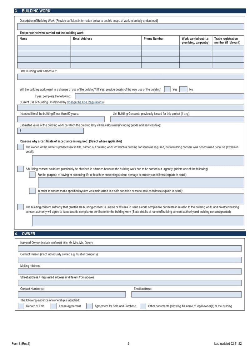 Large thumbnail of Form 8 Certificate of Acceptance Application Form - Nov 2022