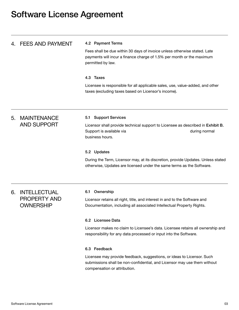 Software License Agreement for setting software usage rights between licensor and licensee