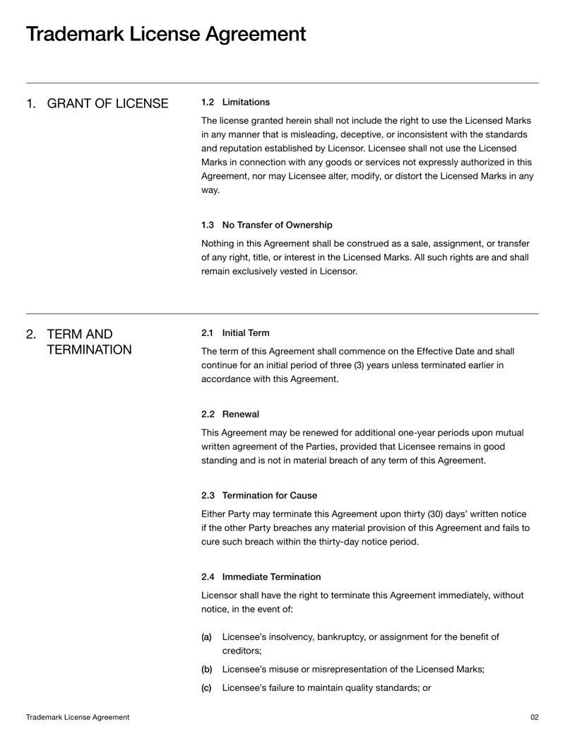 Trademark License Agreement for granting rights to use a brand name or logo under defined terms