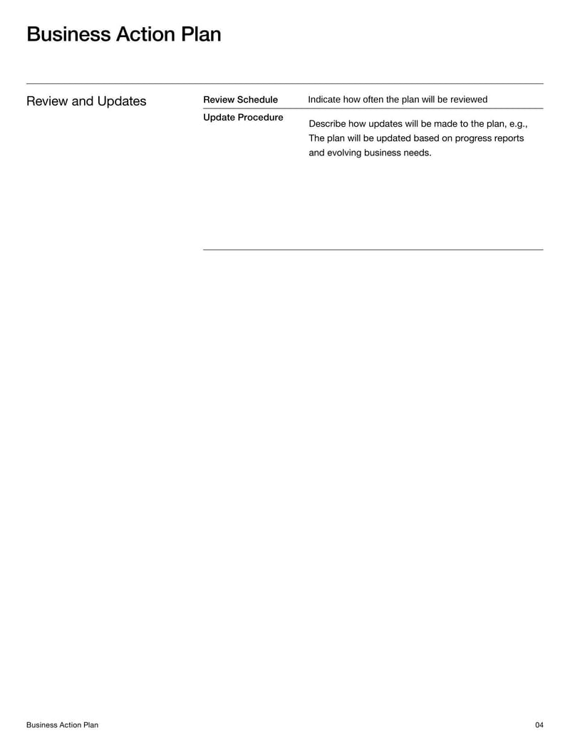 Business Action Plan Template for outlining steps to achieve business objectives