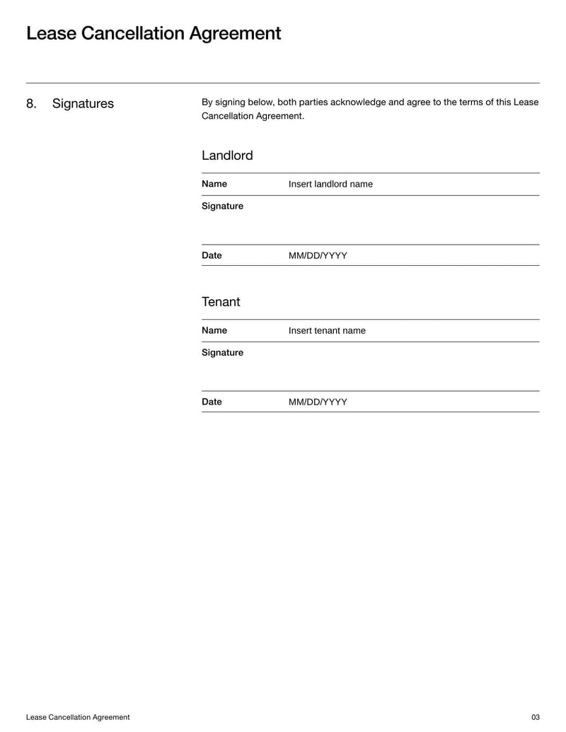 Lease Cancellation Agreement defining terms for mutually ending a rental contract