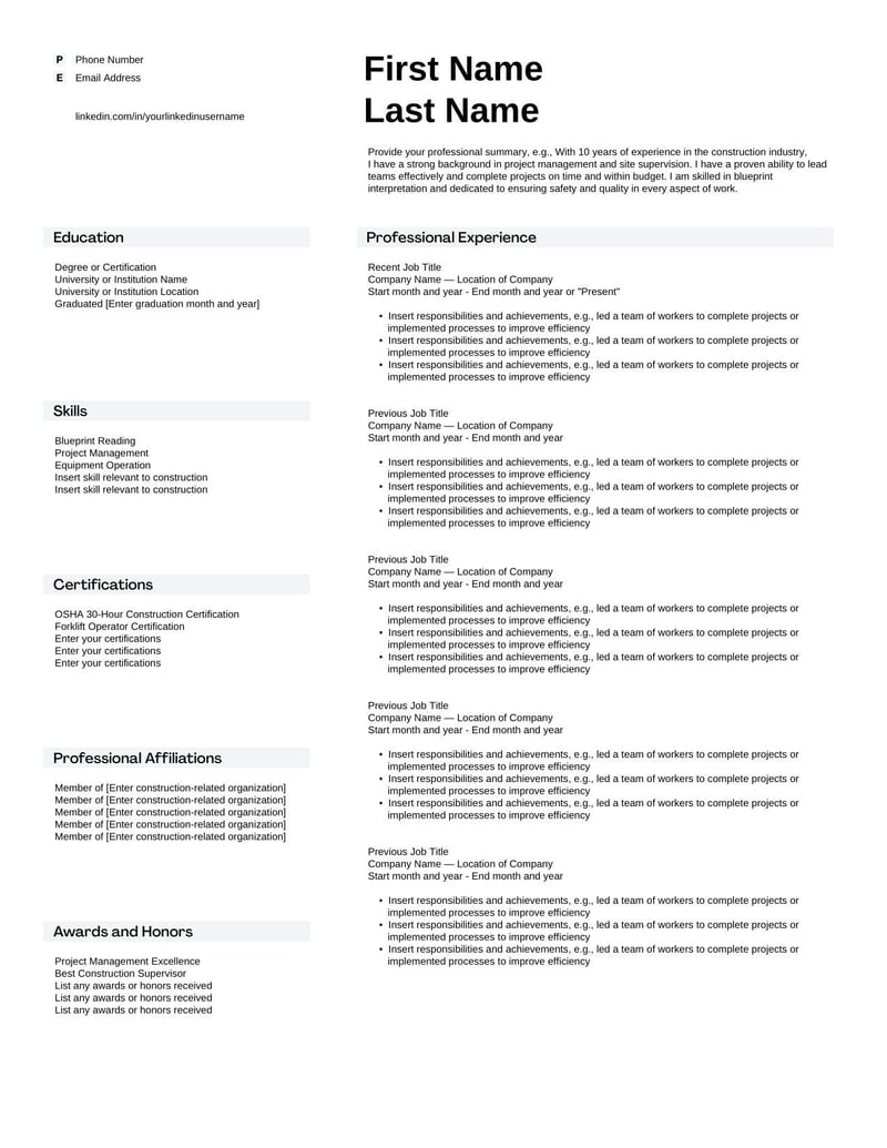 Resume template for construction job applicants highlighting skills, experience, and certifications