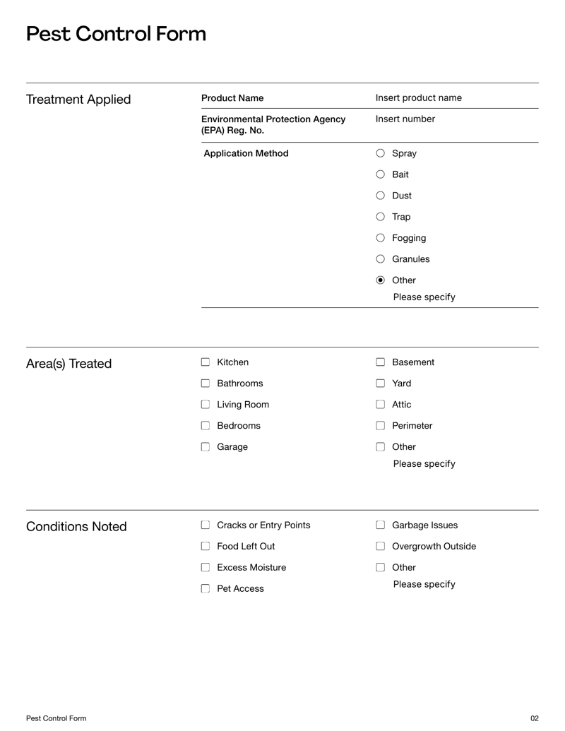 Pest Control Form for logging pest activity, treatments and technician service records