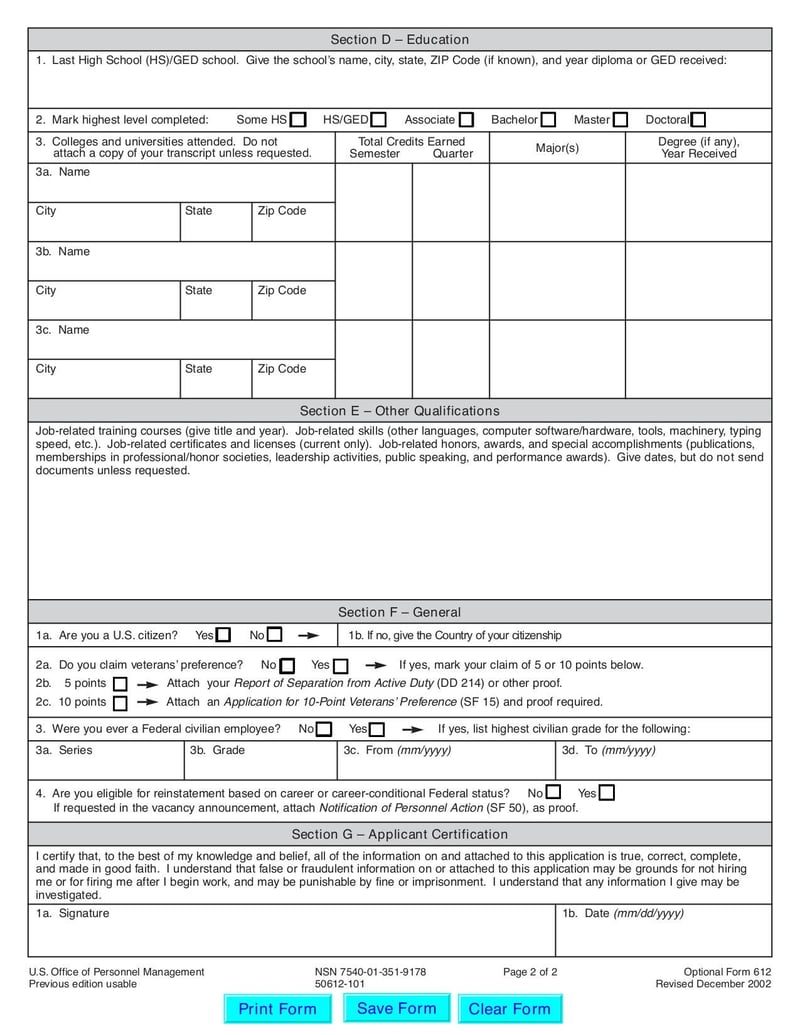 Large thumbnail of Optional Application for Federal Employment - Dec 2002