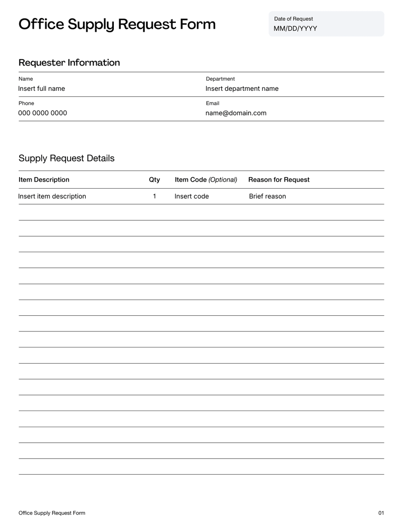 Office Supply Request Form for tracking and managing workplace supply needs