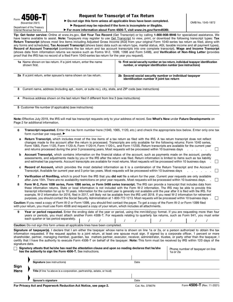 Large thumbnail of Form 4506-T - Nov 2021