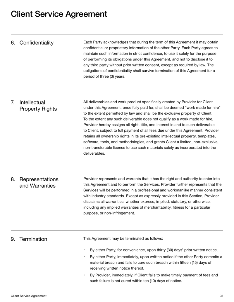 Client Service Agreement covering scope of services, fees, responsibilities and dispute resolution
