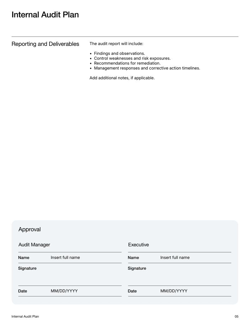 Internal Audit Plan template with sections for audit objectives, scope, risk assessment, schedule and signatures
