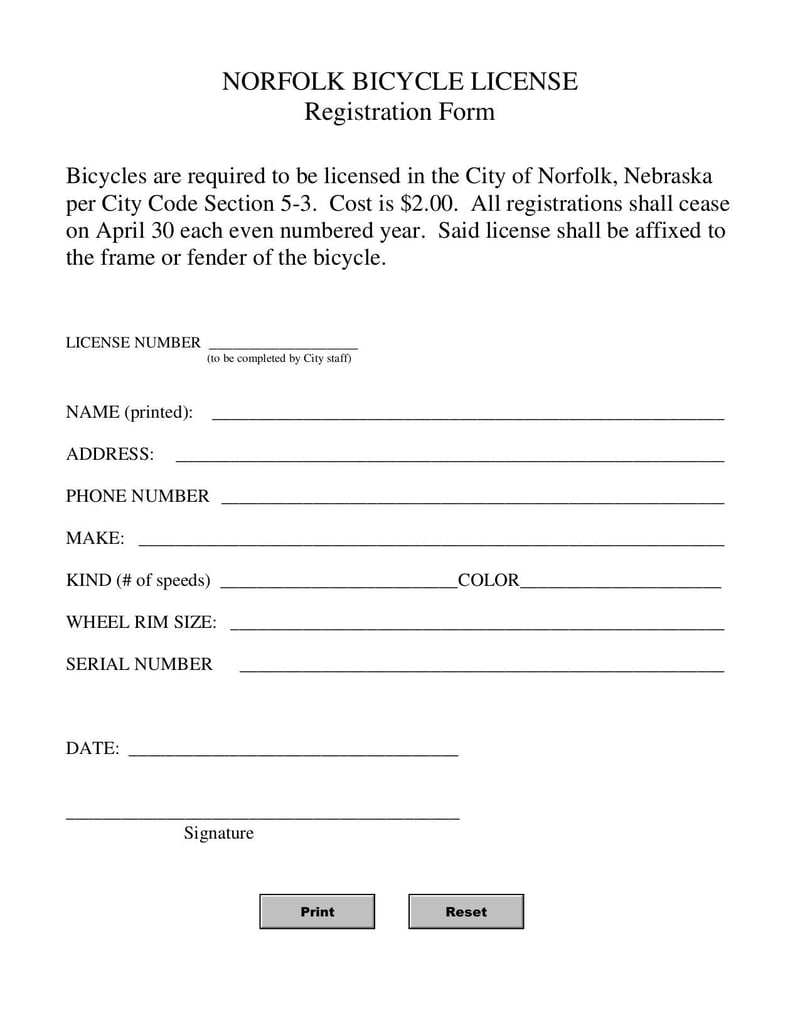 Thumbnail of Norfolk Bicycle License Registration Form - May 2008 - page 0