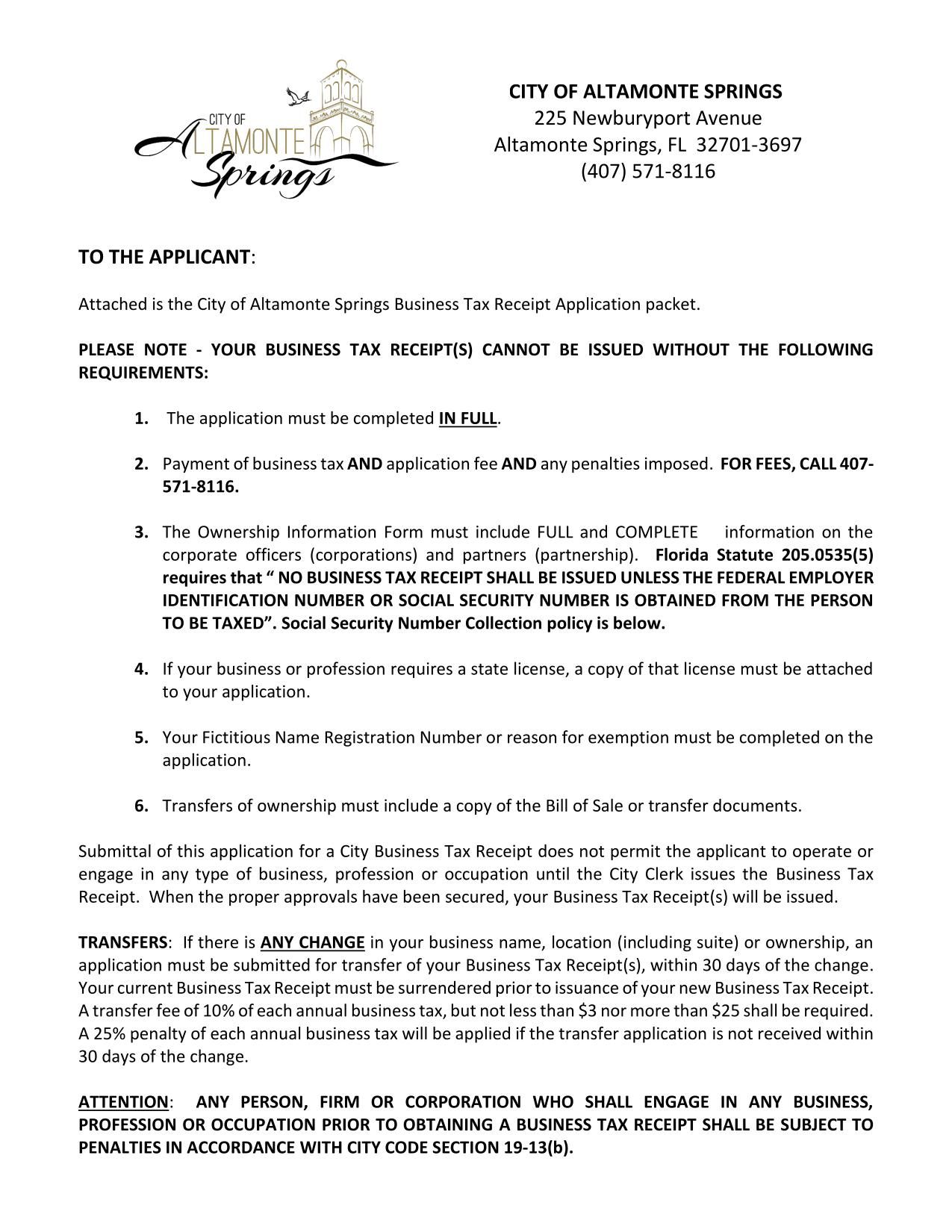 City of Altamonte Springs Business Tax Receipt Application Packet 
