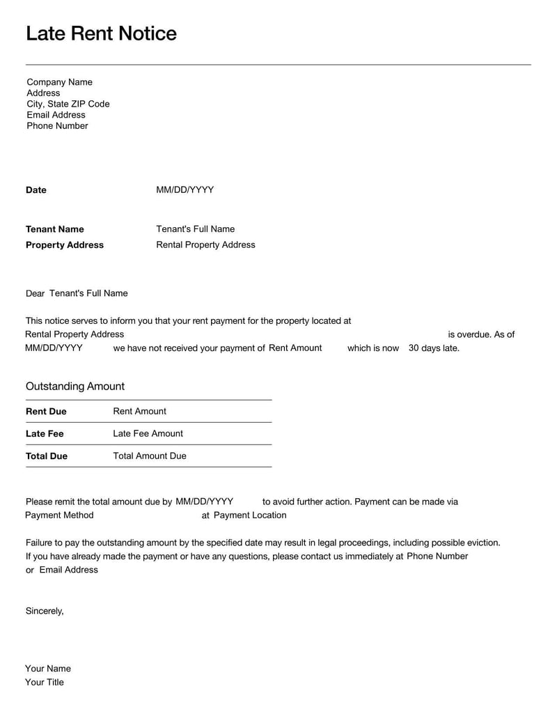 Late Rent Notice for informing tenants of overdue rent payments and potential consequences