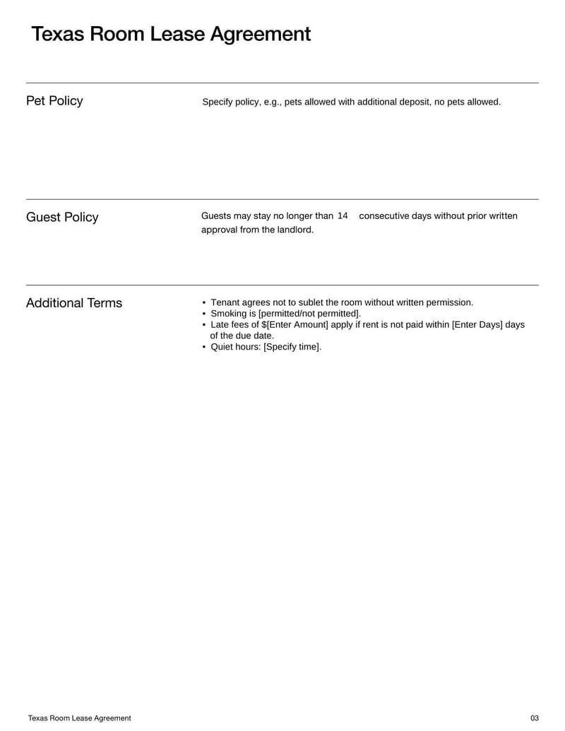 Room Lease Agreement Texas template for specifying rental terms, tenant responsibilities, and use of a room within a residential property in Florida