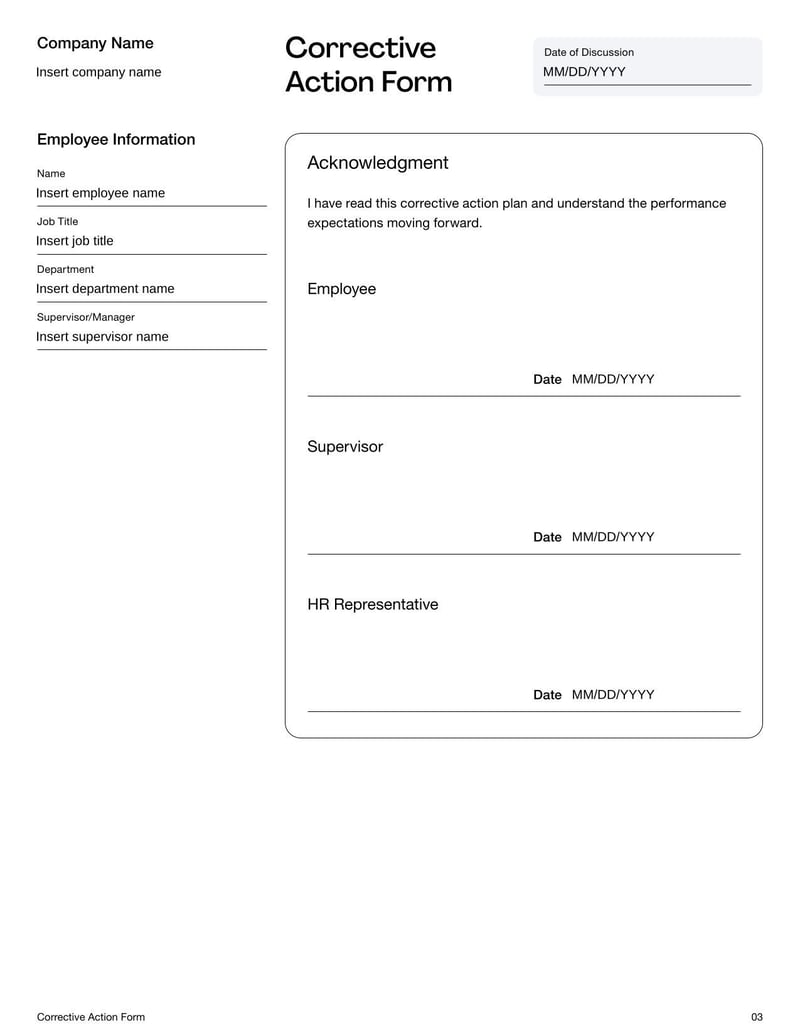Corrective Action Form for documenting performance or behavior issues and steps for improvement