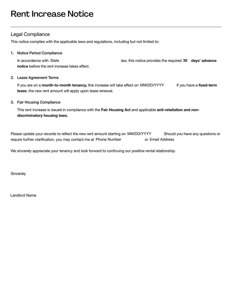 Rent Increase Notice Template for informing tenants of changes to rental rates