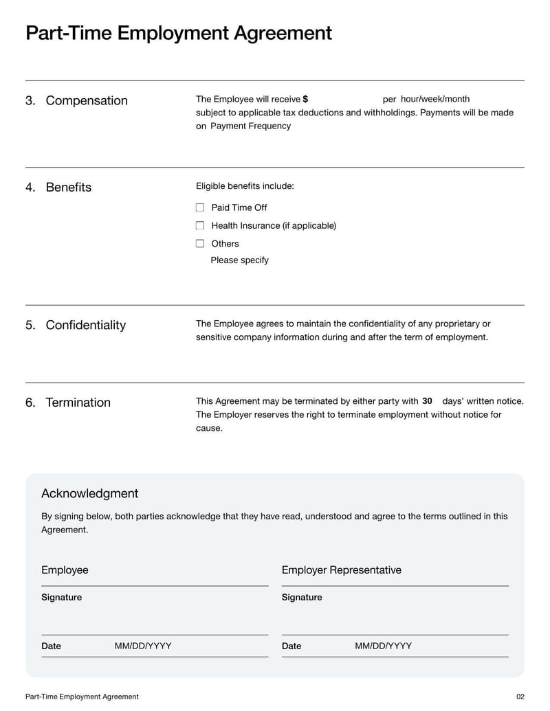 Part-Time Employment Agreement for outlining terms, responsibilities, and compensation for part-time employees