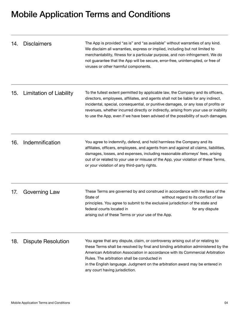 Mobile App Terms and Conditions setting app usage terms, privacy rules and user responsibilities