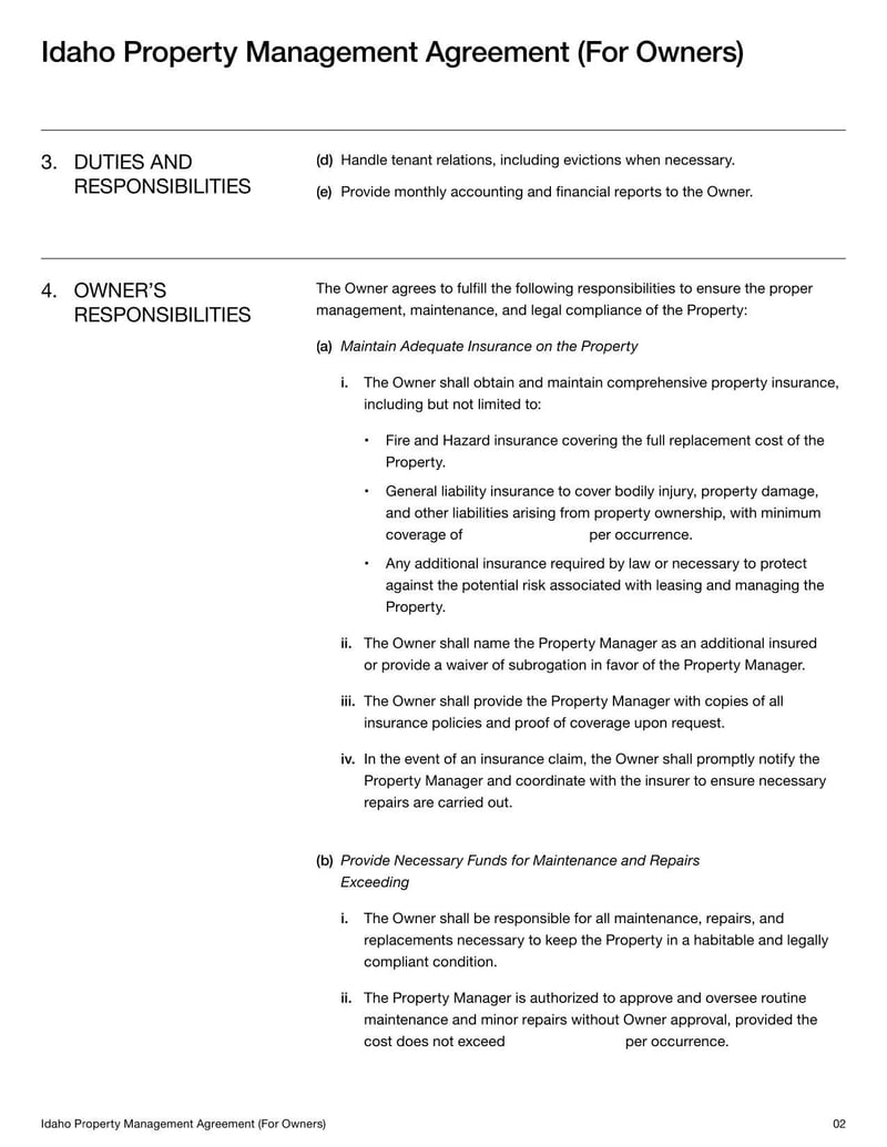 Property Management Agreement for Idaho  property owners detailing terms for managing rental properties