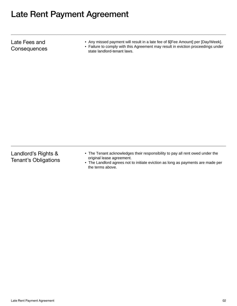 Late Rent Payment Agreement Form for arranging repayment terms and avoiding eviction