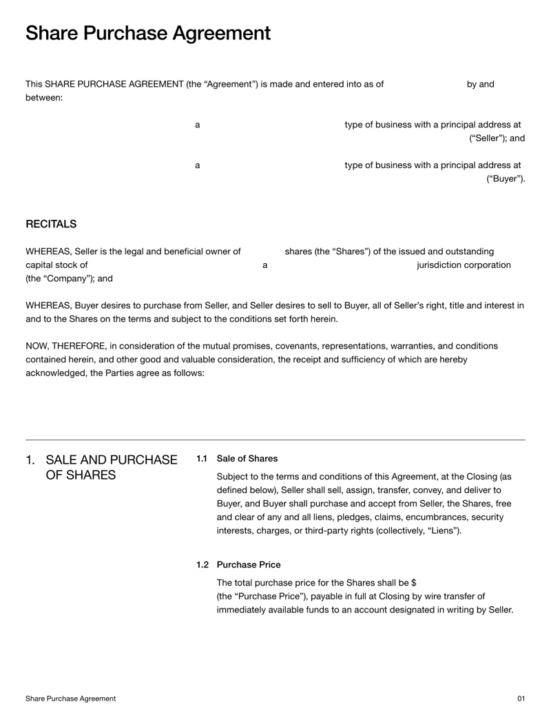 Share Purchase Agreement template detailing terms for the sale and purchase of company shares