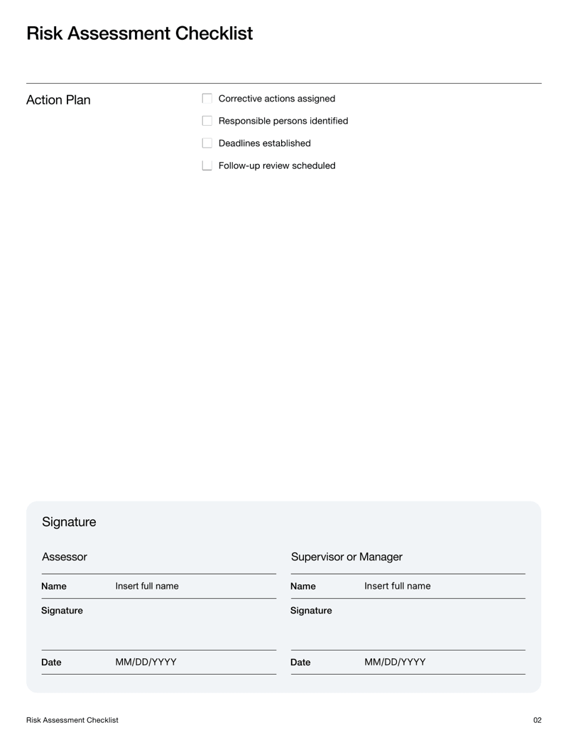 Risk Assessment Checklist template with sections for hazards, evaluation, control measures and signatures