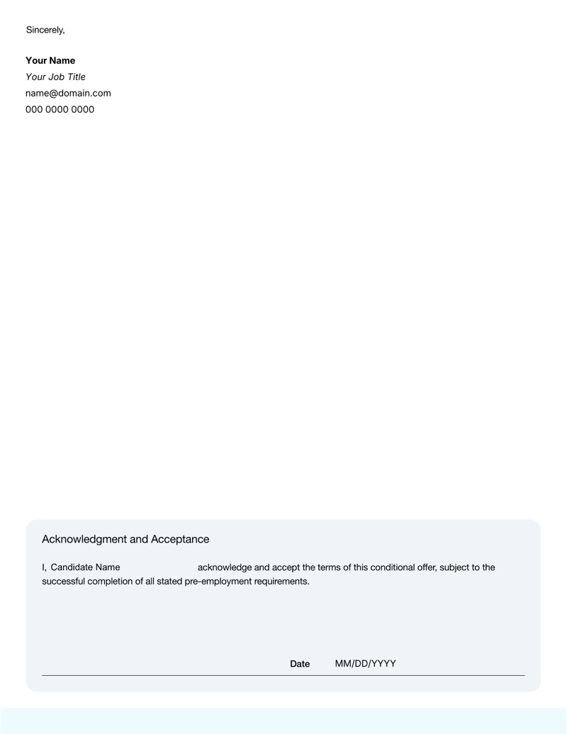 Conditional Offer of Employment letter with job details, employment conditions, and acceptance instructions