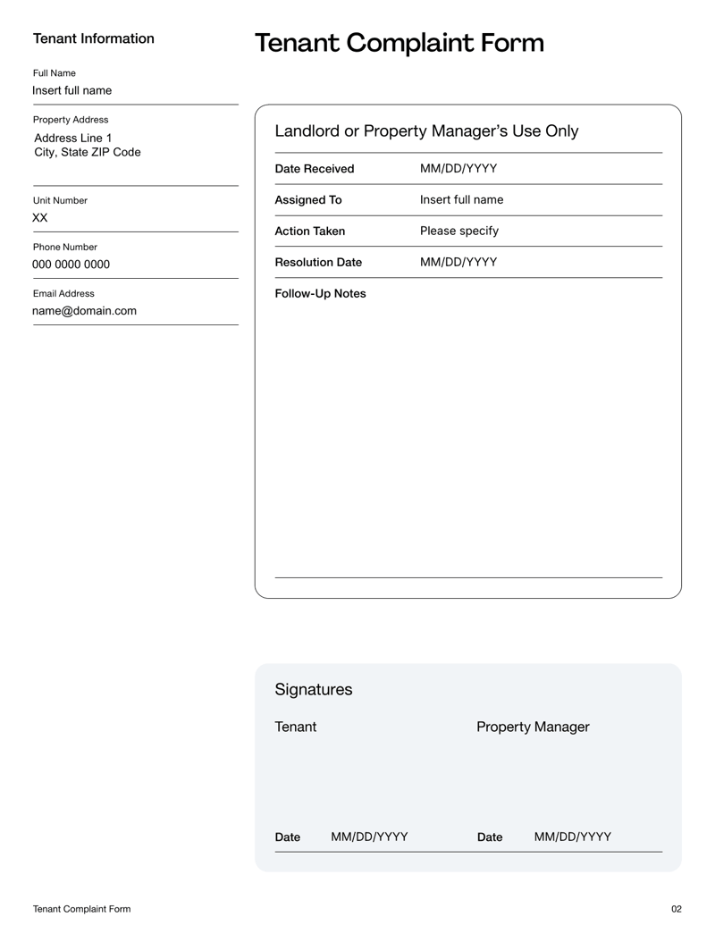 Tenant Complaint Form with fields for tenant details, complaint description, landlord response and resolution notes