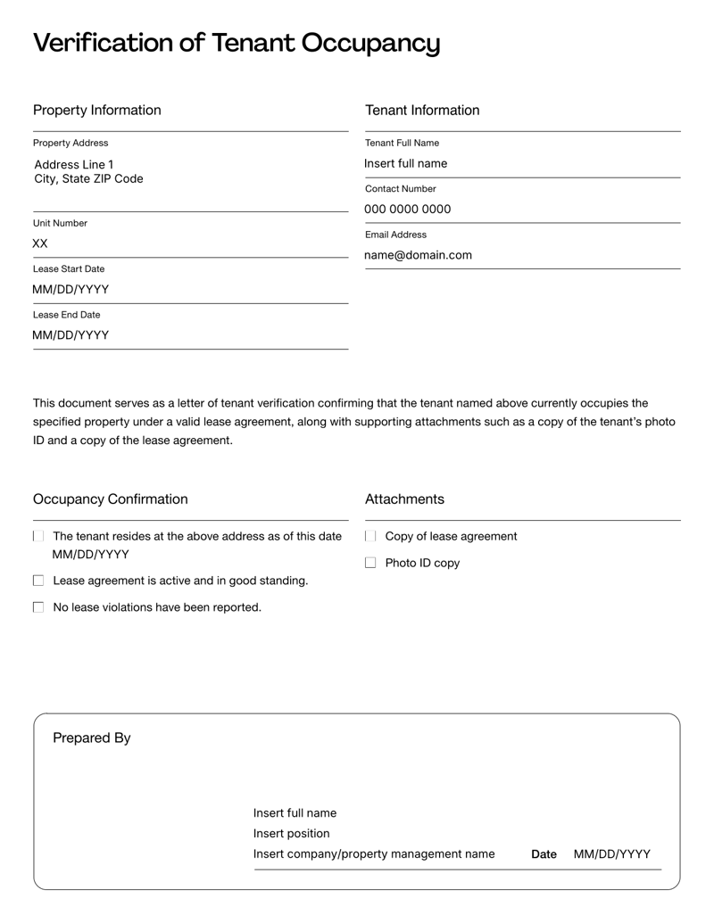 Verification of Tenant Occupancy form with fields for property, tenant and residency confirmation