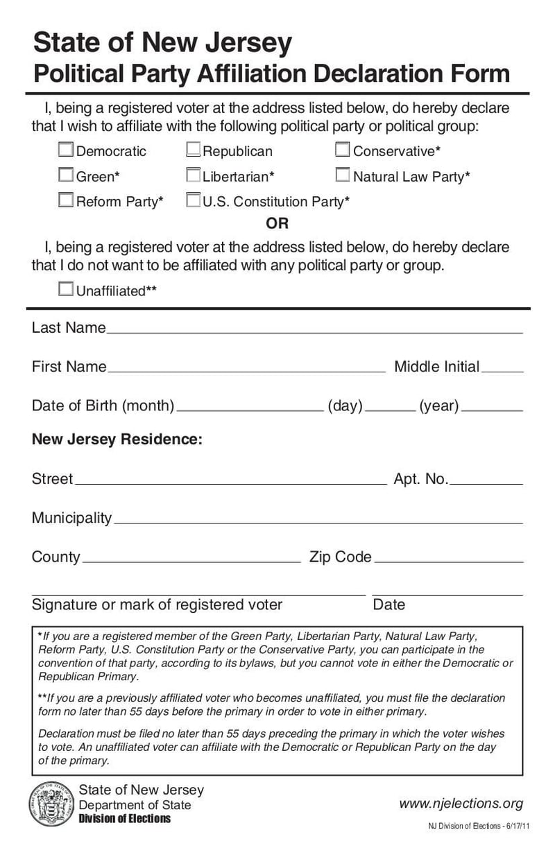 Large thumbnail of NJ Political Party Affiliation Declaration Form - Jun 2011