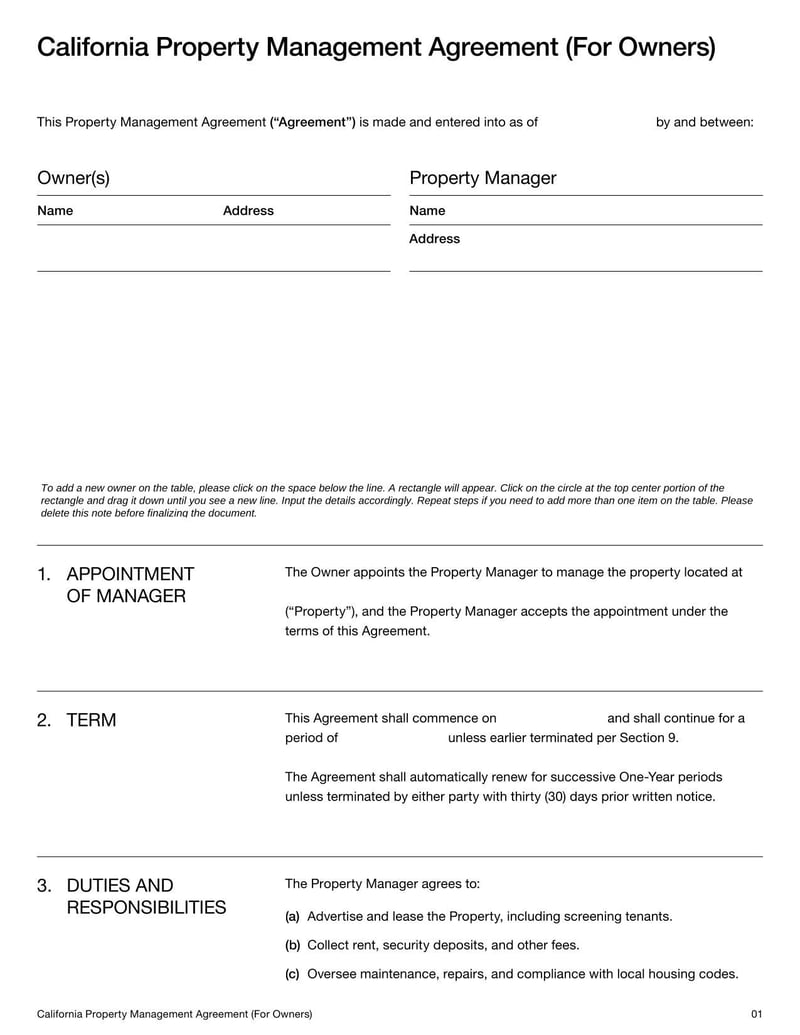Property Management Agreement for California property owners detailing terms for managing rental properties