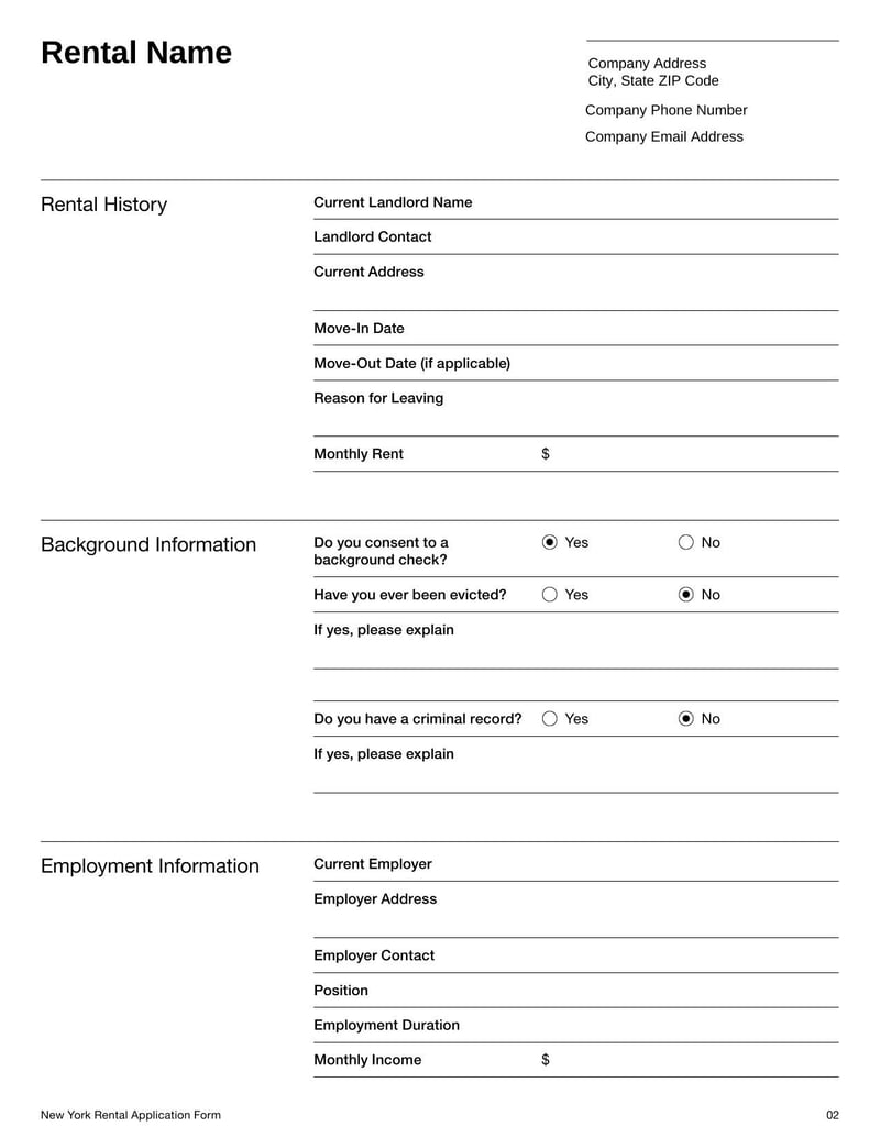 New York Rental Application Form for submitting application to rent in New York