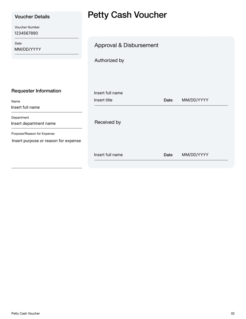 Petty Cash Voucher form with fields for voucher number, date, itemized expenses, signatures and accounting charge 