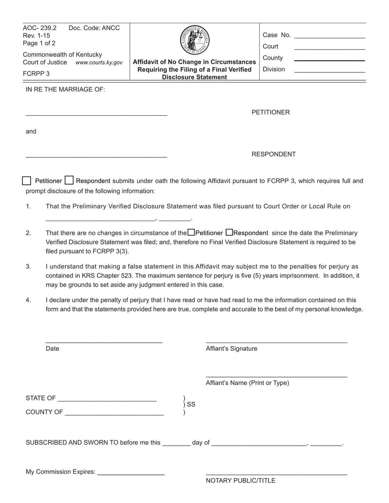 Large thumbnail of Affidavit of No Change in Circumstances Requiring the Filing of a Final Verified Disclosure Statement