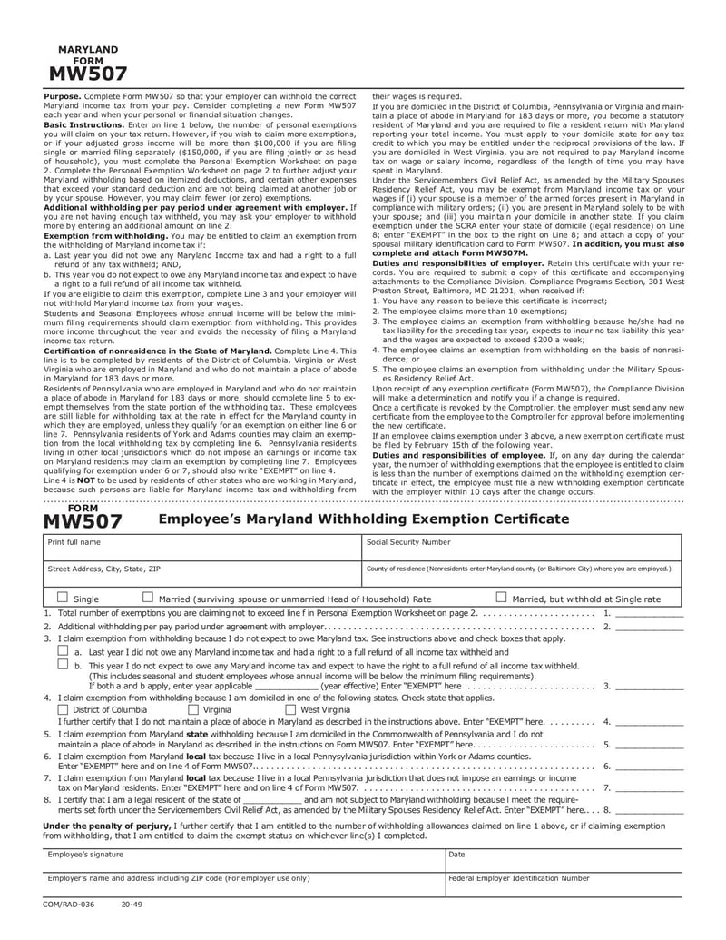 Large thumbnail of Maryland Form MW507 - Jan 2020