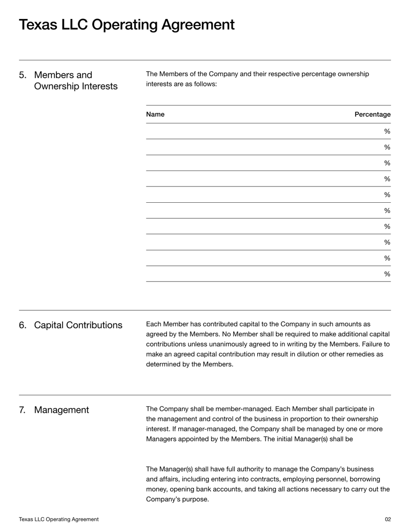 Texas LLC Operating Agreement outlining ownership, management structure, member responsibilities, profit distribution, and compliance requirements under Texas law