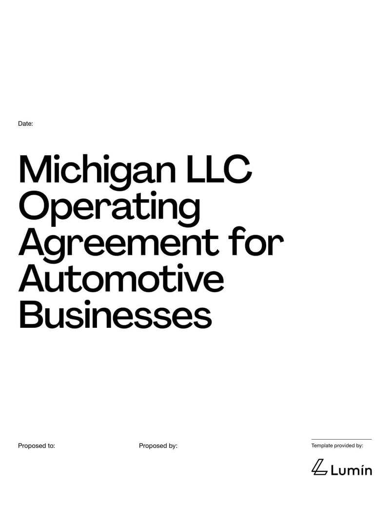 Michigan LLC Operating Agreement for Automotive Businesses outlining operations for a Michigan LLC in the automotive industry